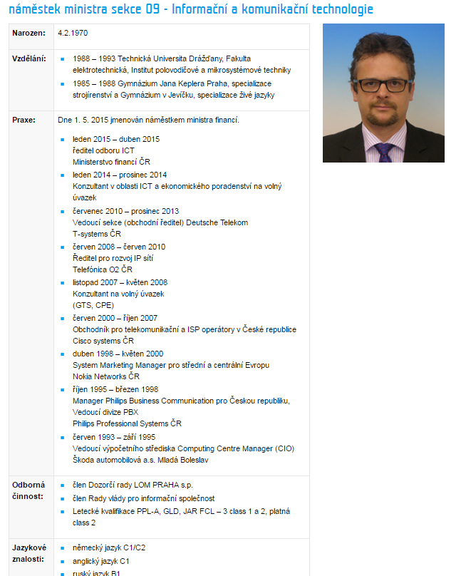 Profil náměstka na webu ministerstva financí.