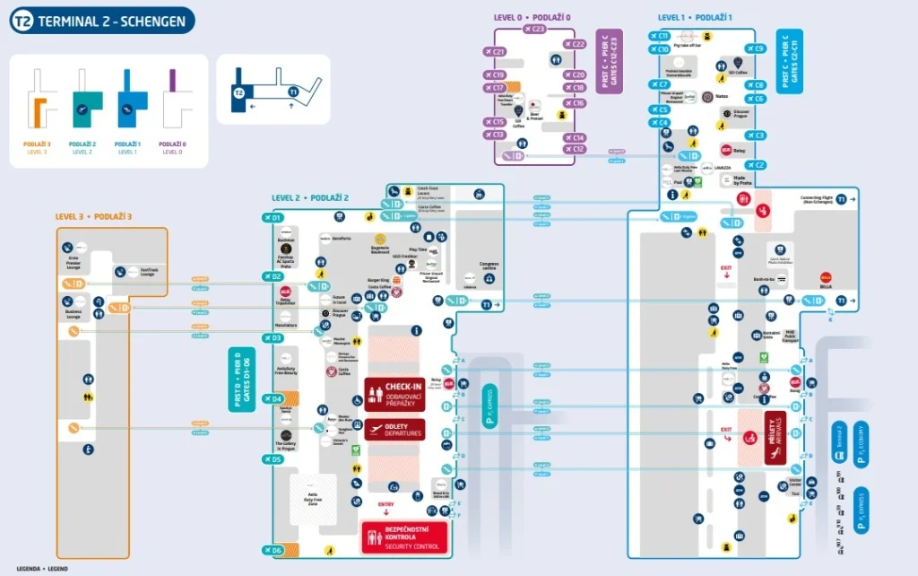 Mapa Terminálu 2 Letiště Václava Havla Praha. Zdroj: Letiště Praha