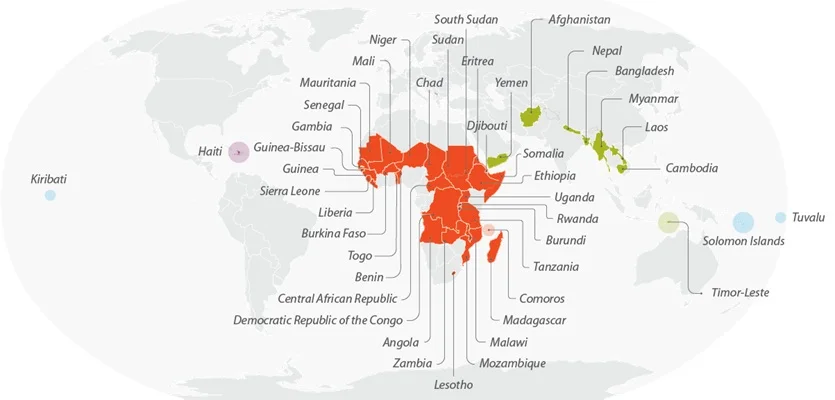 mapa nejméně rozvinuté země