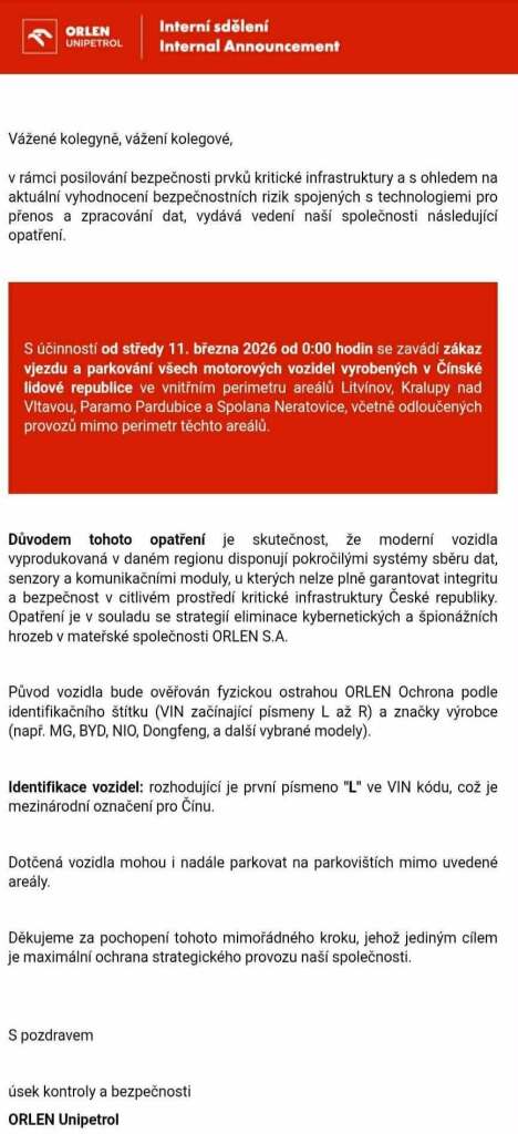 Orlen Čína auta rafinerie zákaz