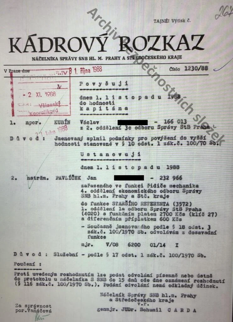kádrový rozkaz StB
