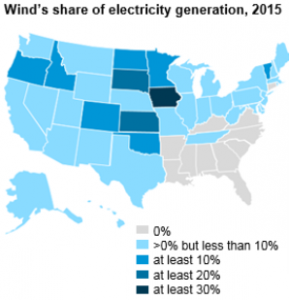 Podíl větrné energie na výrobě elektřiny v USA. Zdroj: EIA